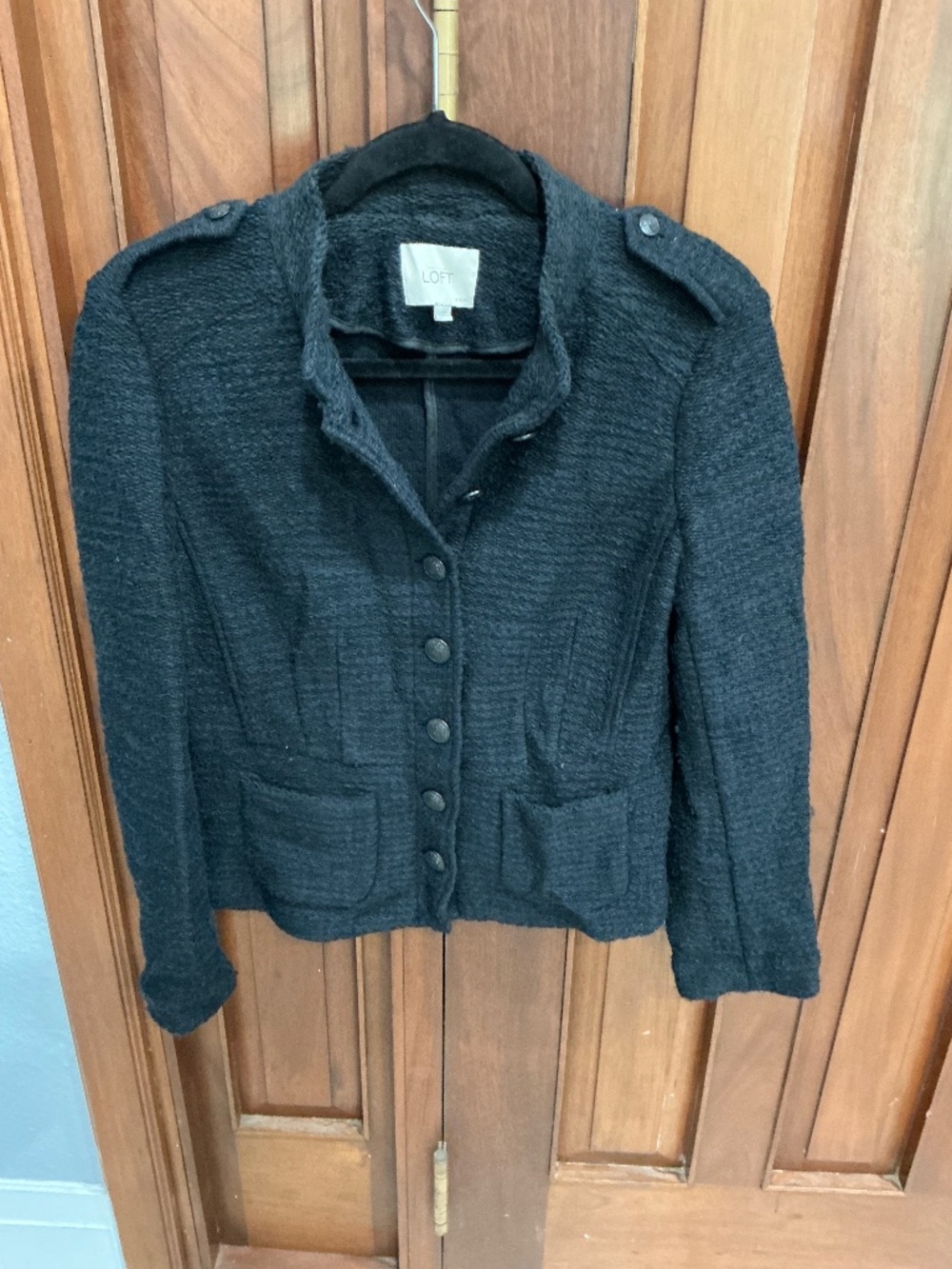 LOFT Ann Taylor: Black Textured Bouclé Knit Military Jacket